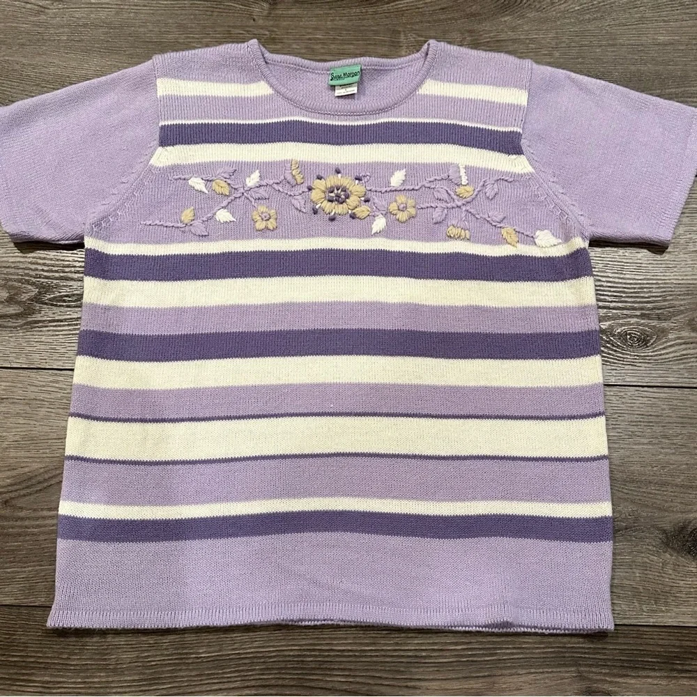 Women's Sara Morgan‎ For Haband Size L Short Sleeve Purple Embroidered Sweater